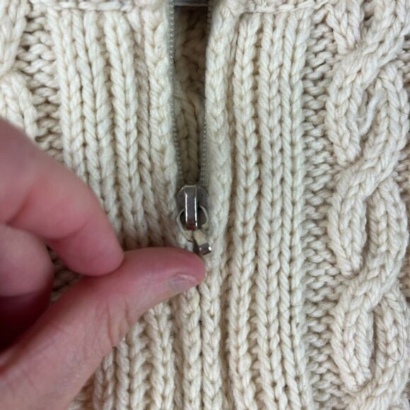 Aran Crafts 100% Wool Cable Chunky Knit 1/4 Zip Sweater Mock Neck Cream L *Read - Picture 8 of 15